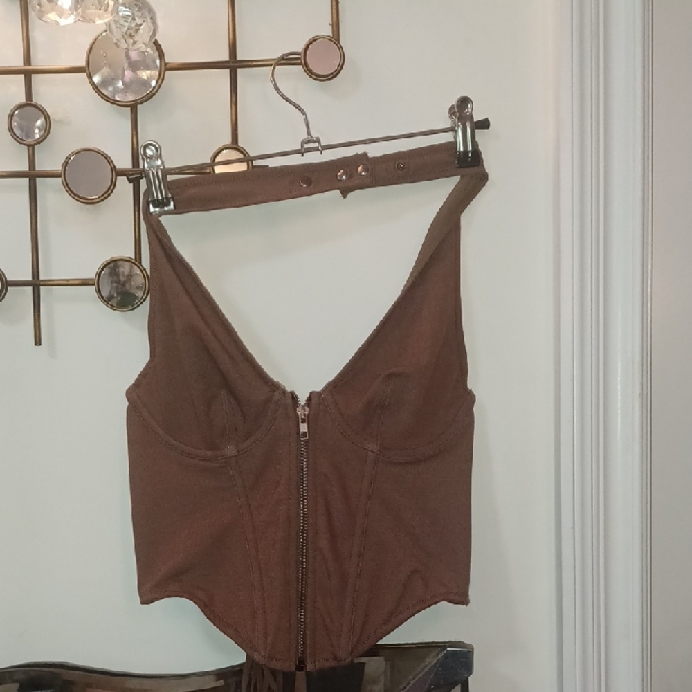 OUT FROM UNDER Brown Zip-Up Lace Up Corset Halter Crop Top sz.S